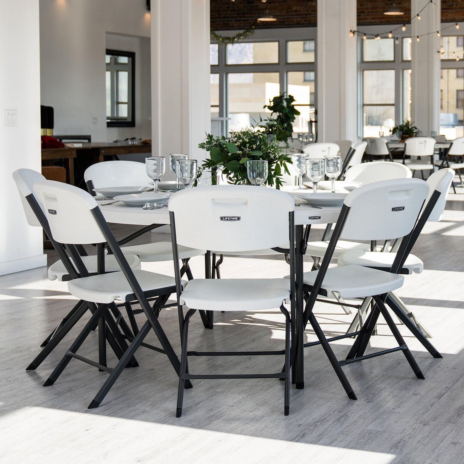1e7f8395-022b-46ac-ad34-d3a511e63335 Lifetime 60-Inch Round Stacking Tables (4) and Chair (32) Combo