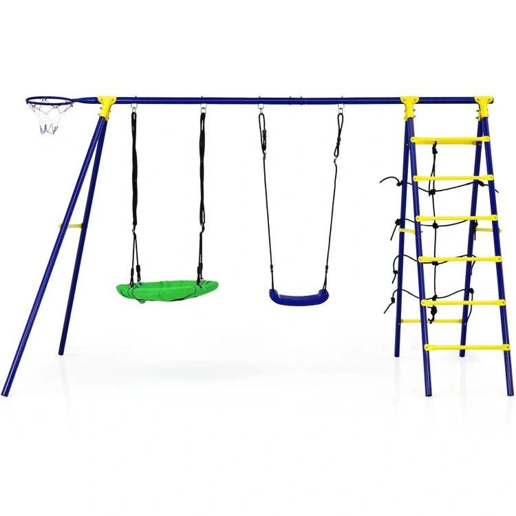 5 in 1 outdoor kids swing set with a shaped metal frame and ground stake.jpg