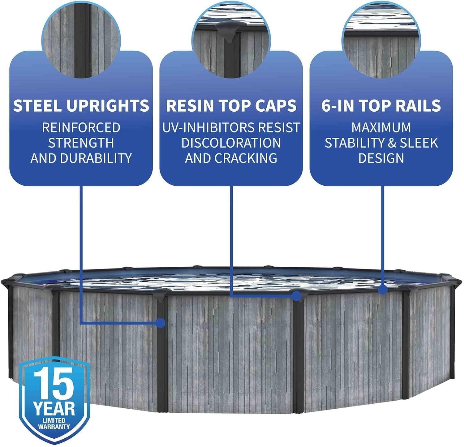 71UOrrFK7cL._AC_SL1500 Blue Wave San Pedro 24-ft Round 52-in Deep 6-in Top Rail Above Ground Steel Wall Swimming Pool