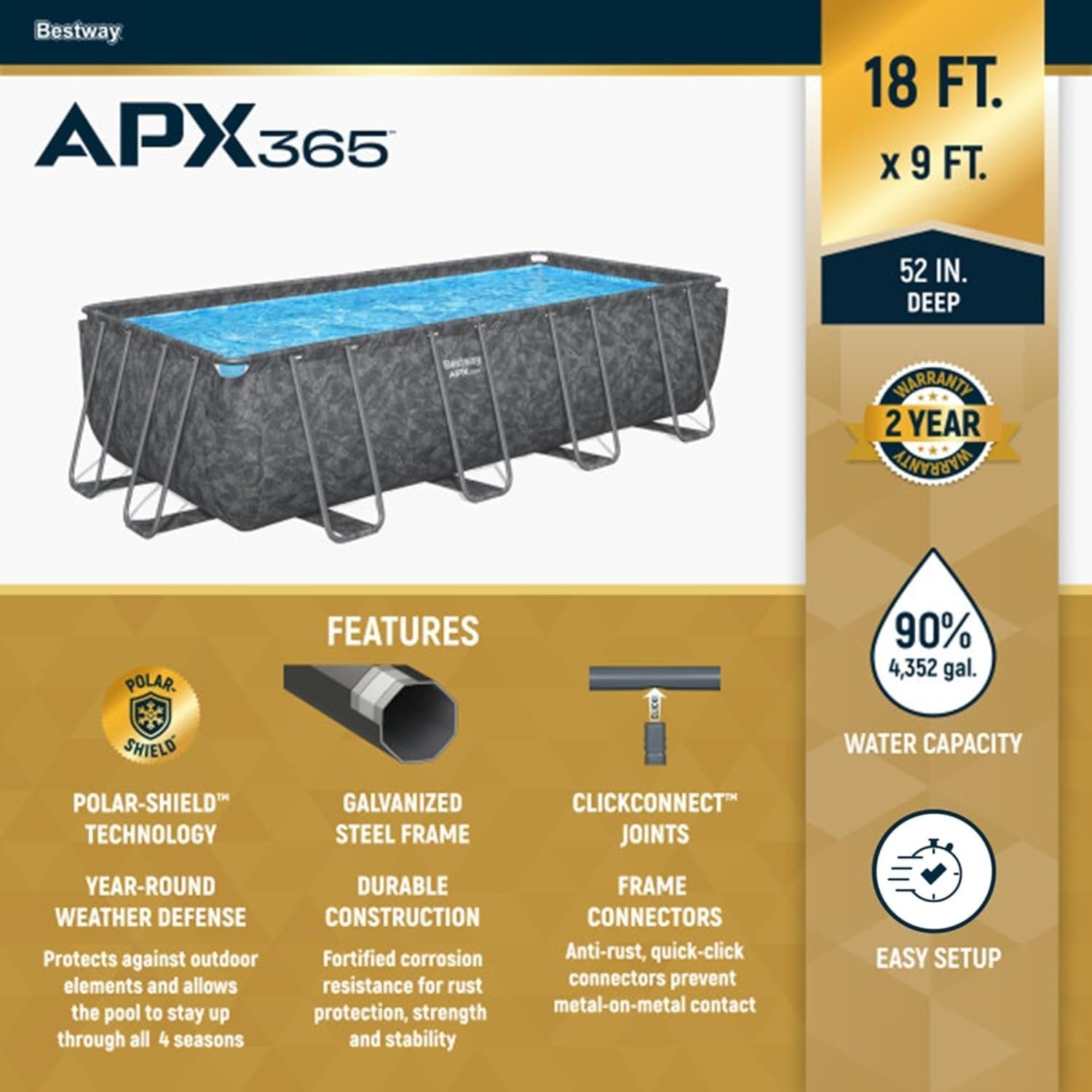 71sK7D1fJ6L._AC_SL1500 Bestway APX 365 18′ x 9′ x 52″ Rectangular Above Ground Swimming Pool