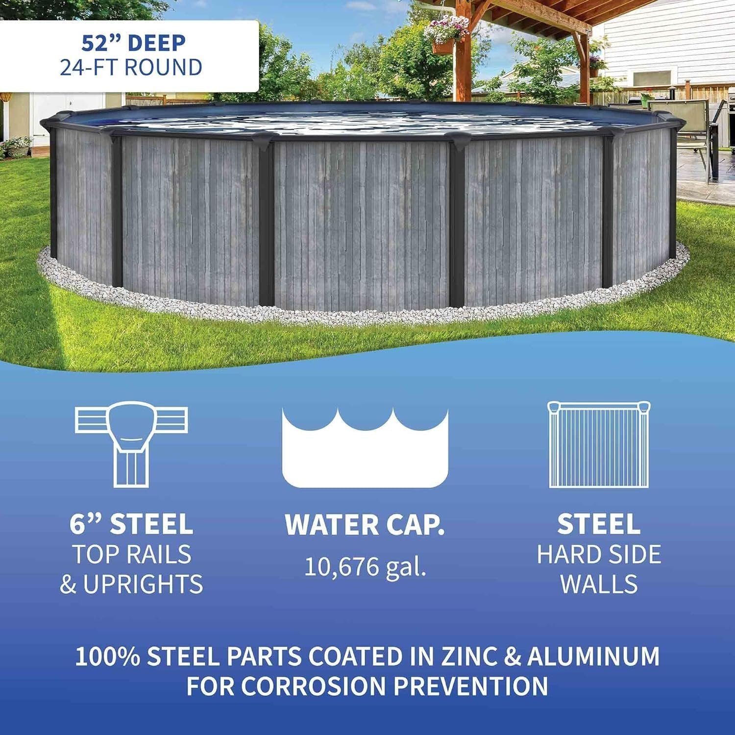 817SINBEj5L._AC_SL1500 Blue Wave San Pedro 24-ft Round 52-in Deep 6-in Top Rail Above Ground Steel Wall Swimming Pool