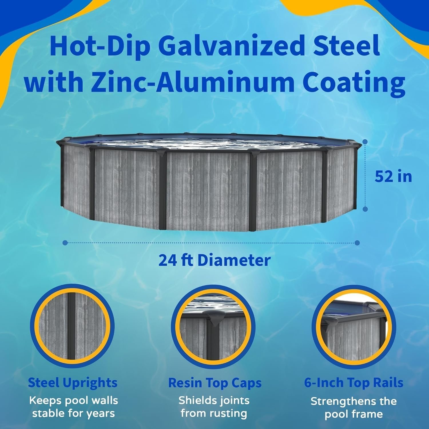 81ft56XkKDL._AC_SL1500 Blue Wave San Pedro 24-ft Round 52-in Deep 6-in Top Rail Above Ground Steel Wall Swimming Pool