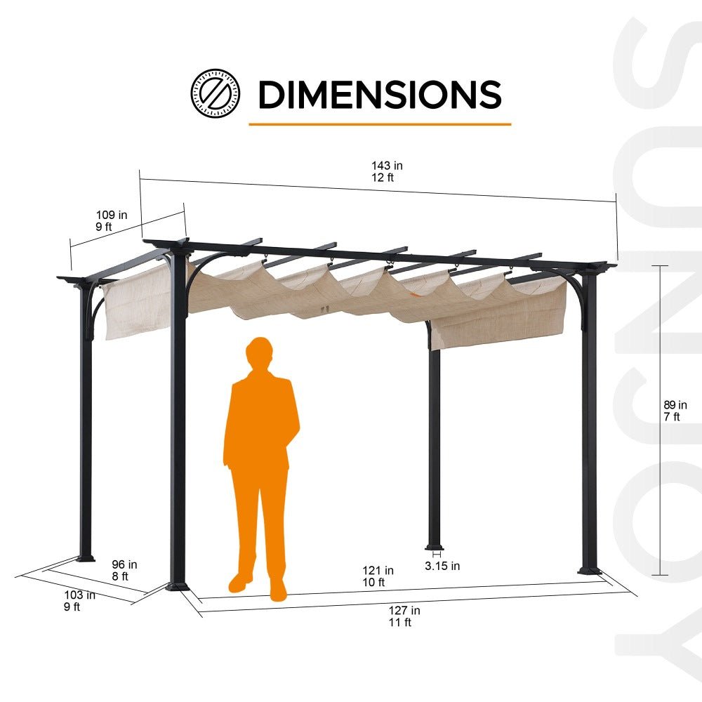A106005600_9x12_Steel_Retractable_Pergola_Dimensions SUNJOY 9x12 Steel Retractable Pergola with Beige Roof for Backyard