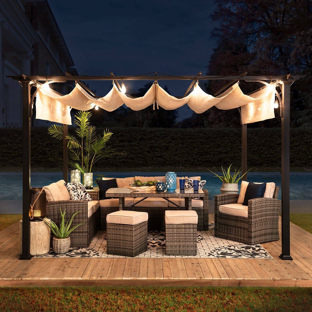 A106005600_9x12_Steel_Retractable_Pergola_Night SUNJOY 9x12 Steel Retractable Pergola with Beige Roof for Backyard