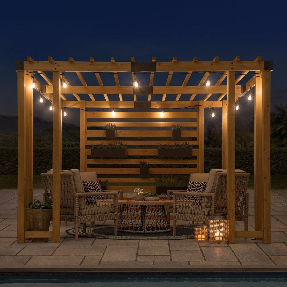 A106007900_10x10_Wooden_Pergola_Night SUNJOY 10x10 Wooden Pergola with Privacy Screen & Hanging Planters