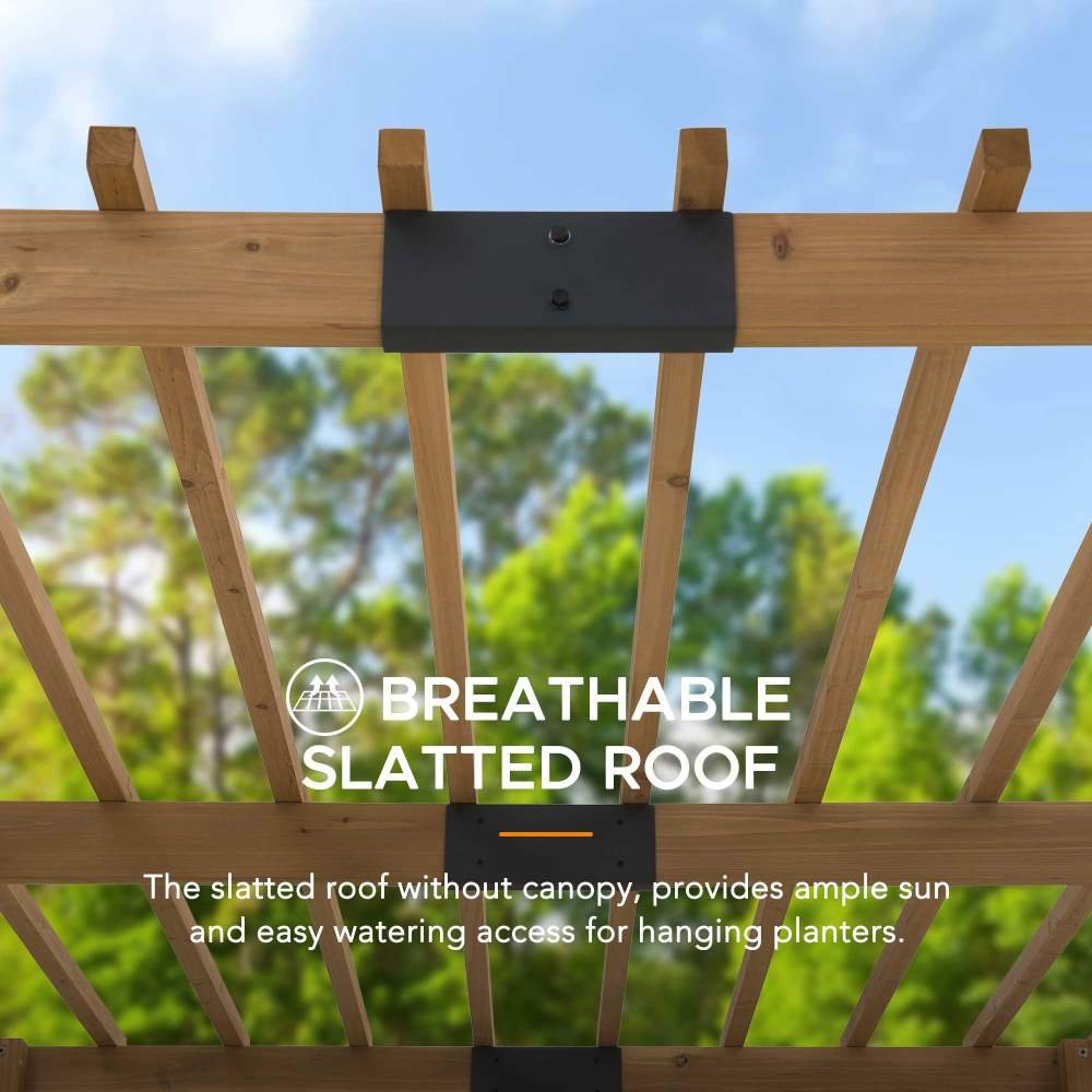 A106007900_10x10_Wooden_Pergola_Roof SUNJOY 10x10 Wooden Pergola with Privacy Screen & Hanging Planters