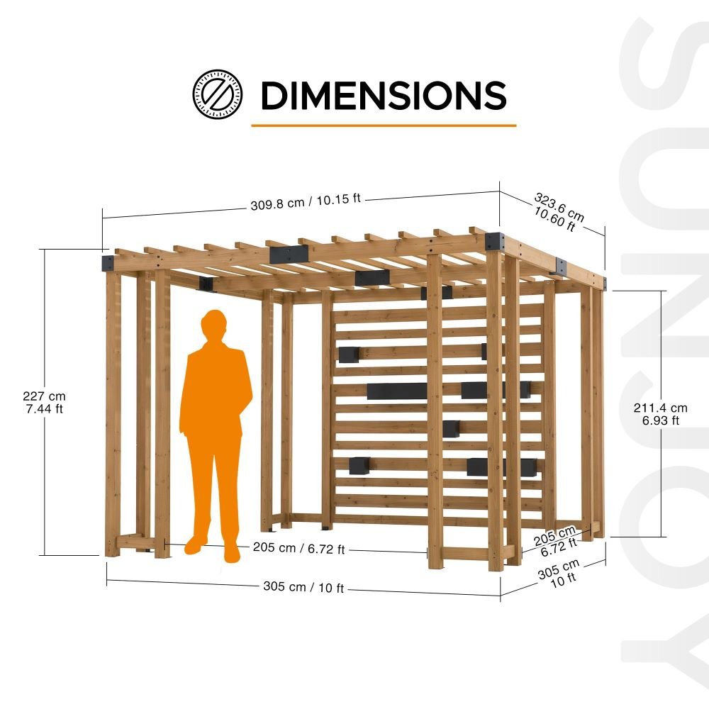 A106007900_10x10_Wooden_Pergola_dimensions SUNJOY 10x10 Wooden Pergola with Privacy Screen & Hanging Planters