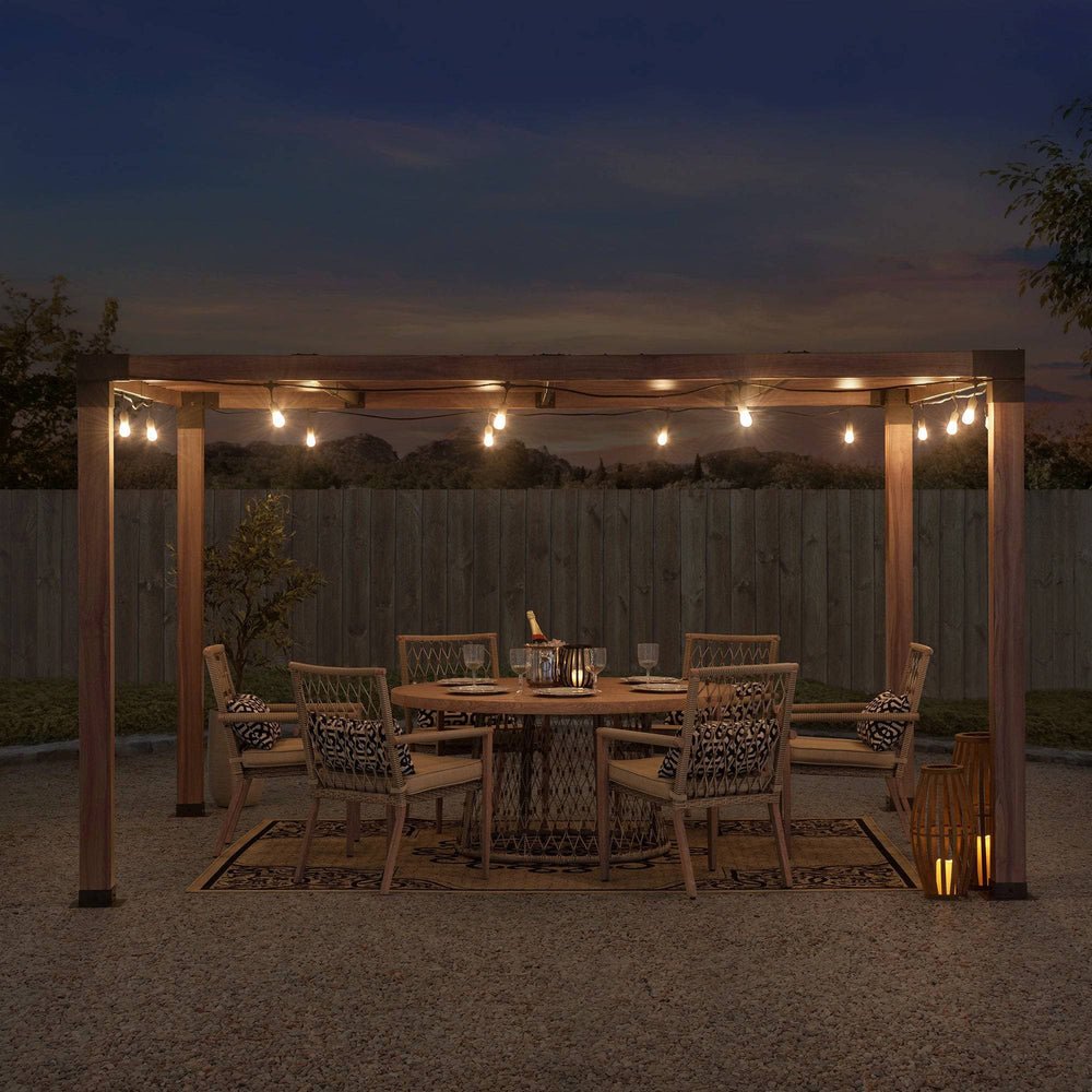 A106008100_10x12_Modern_Metal_Pergola_Kit_Night SUNJOY 10x12 Modern Metal Pergola Kit with Nature Wood Grain Finish