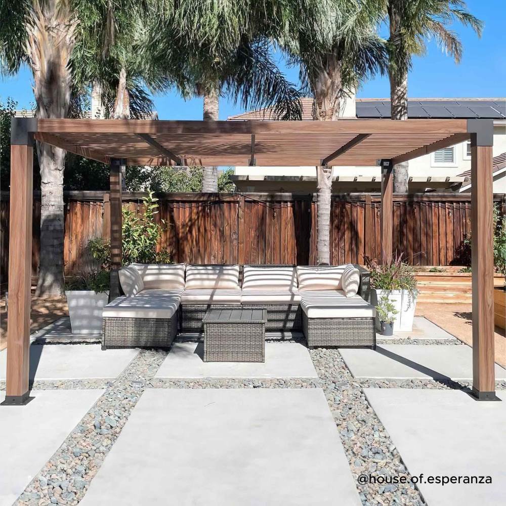 A106008100_10x12_Modern_Metal_Pergola_Kit__house.of_.esperanza SUNJOY 10x12 Modern Metal Pergola Kit with Nature Wood Grain Finish