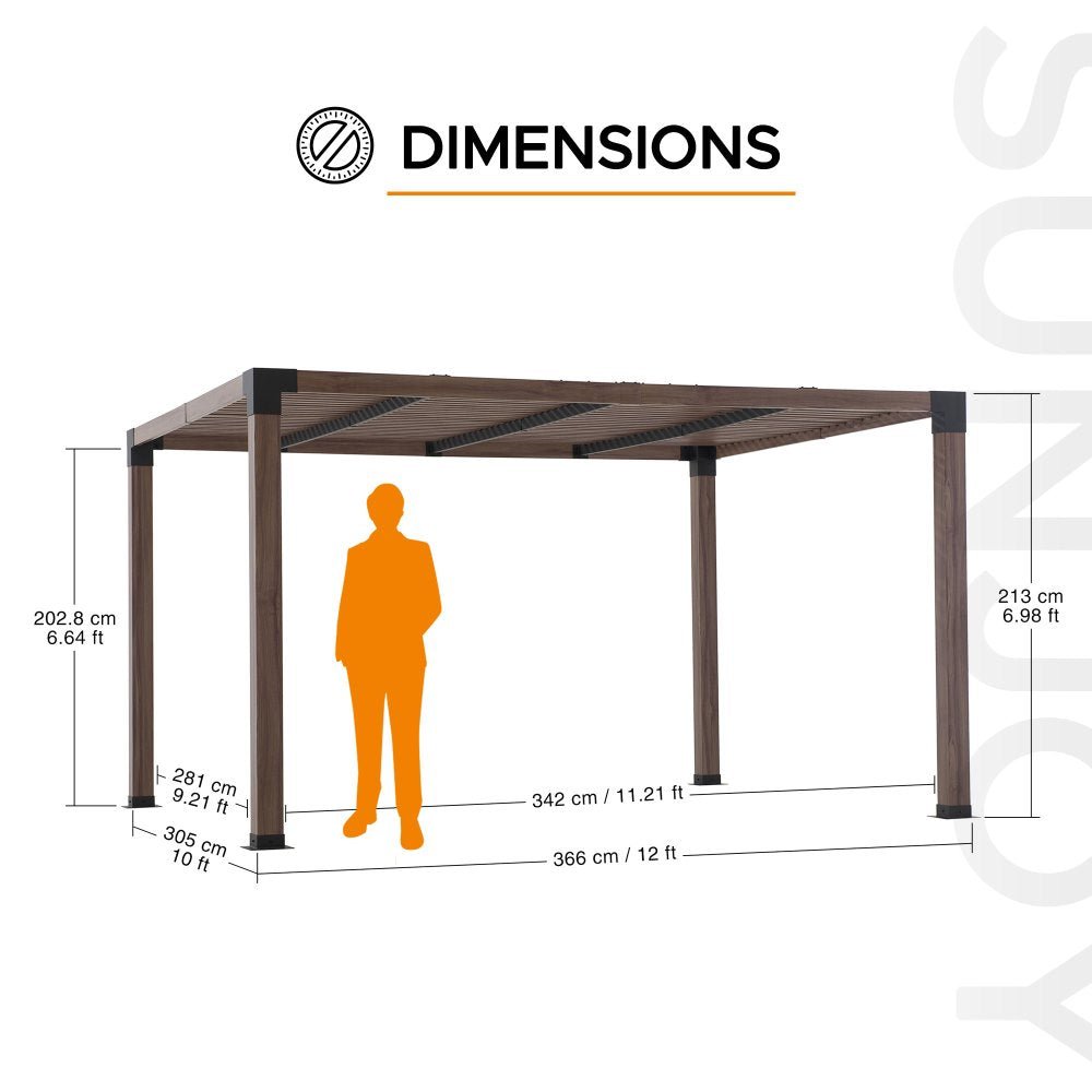 A106008100_10x12_Modern_Metal_Pergola_Kit_dimensions SUNJOY 10x12 Modern Metal Pergola Kit with Nature Wood Grain Finish