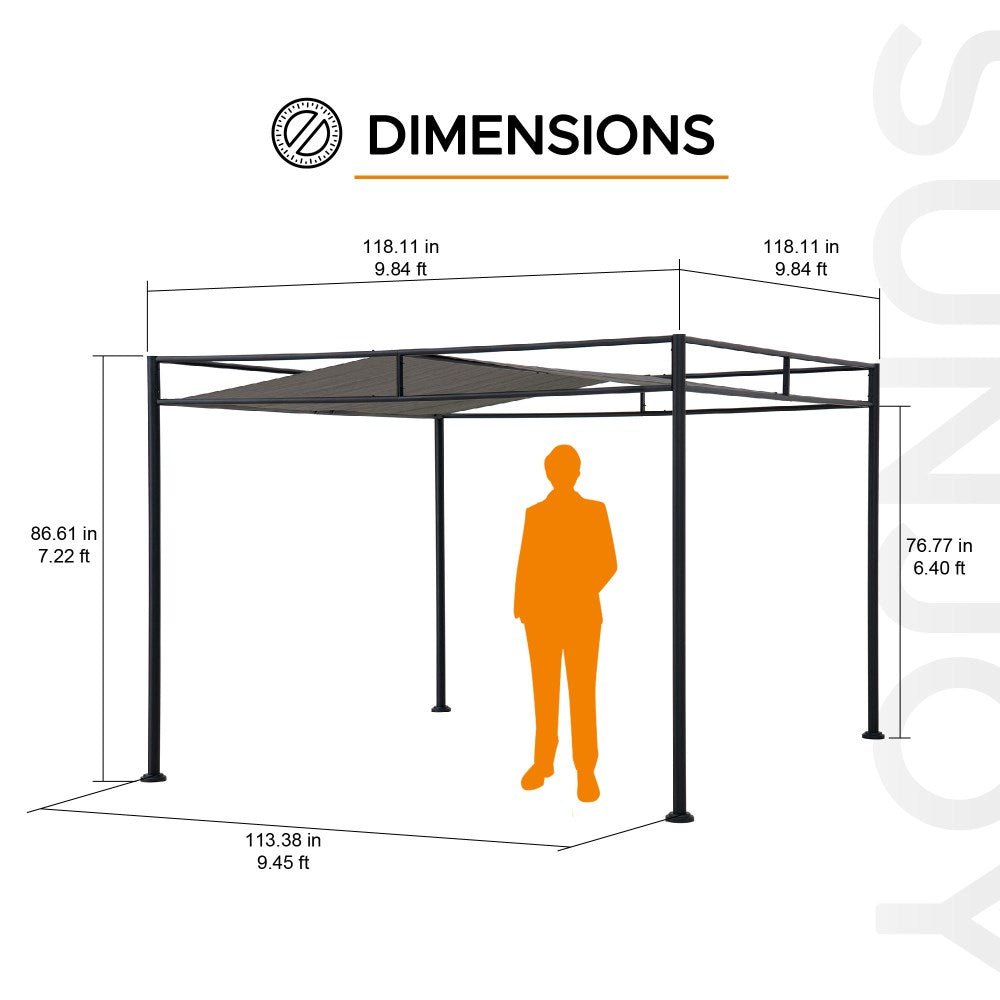 A106024803_10x10_Metal_Pergola_Dimensions SUNJOY 10x10 Darkeford Metal Pergola with Sling Fabric Canopy - Black