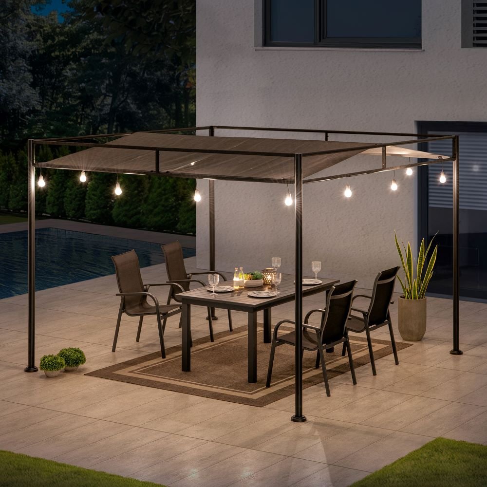 A106024803_10x10_Metal_Pergola_Night SUNJOY 10x10 Darkeford Metal Pergola with Sling Fabric Canopy - Black