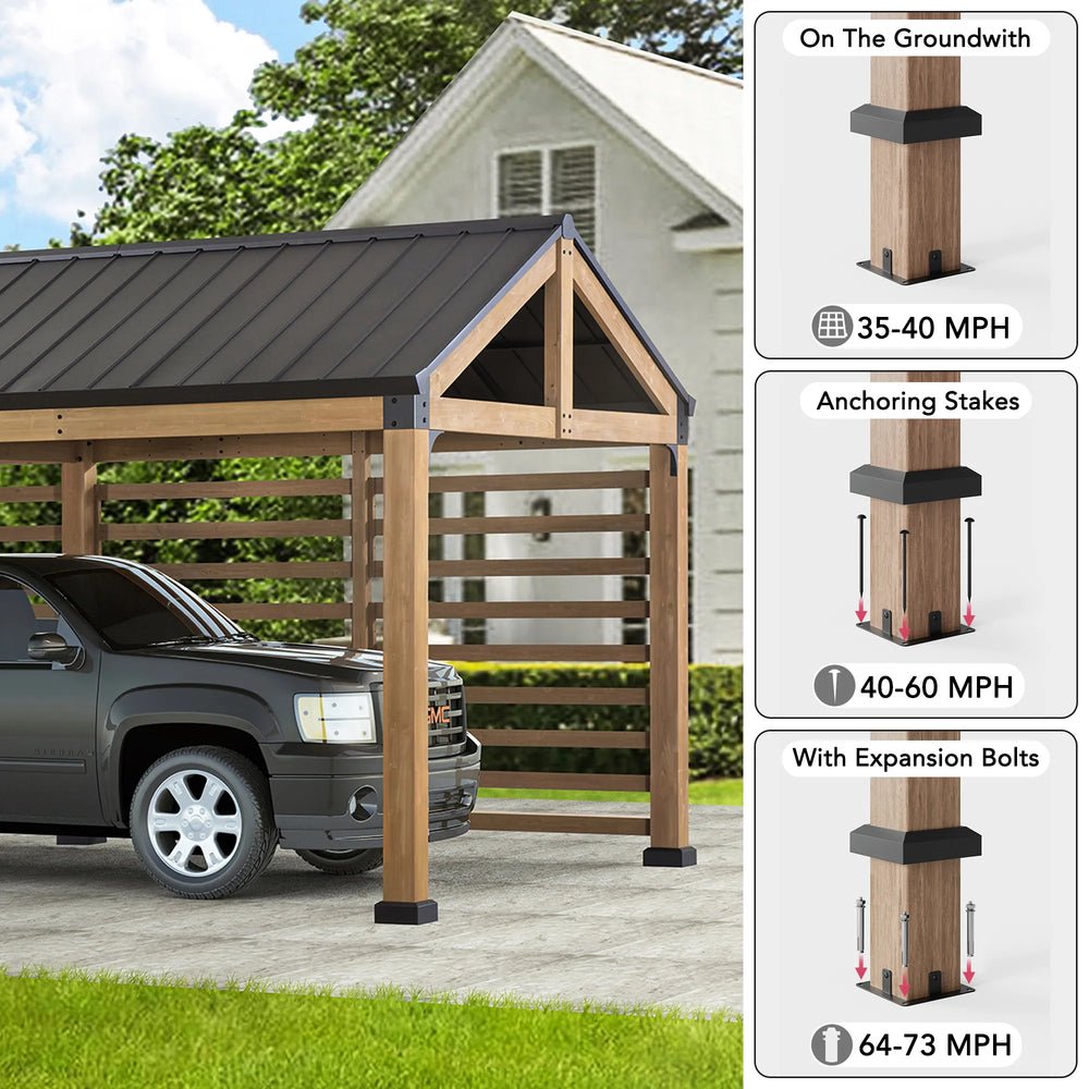 A110001110_10x20_Wood_Carport_with_Privacy_Wall_Anchor SUNJOY Newville 10x20 Wood Carport with Privacy Wall and Rain Gutter