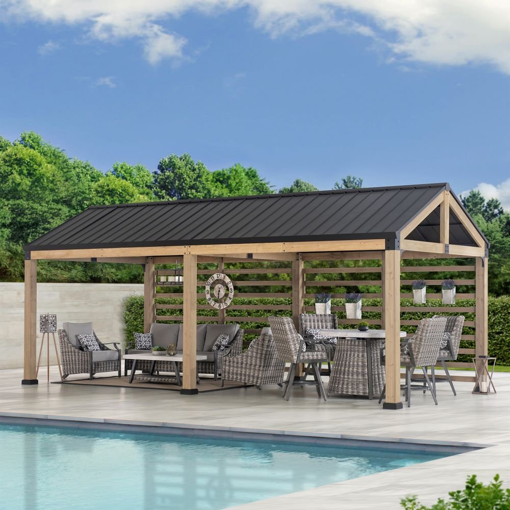 A110001110_10x20_Wood_Carport_with_Privacy_Wall_Gazebo SUNJOY Newville 10x20 Wood Carport with Privacy Wall and Rain Gutter