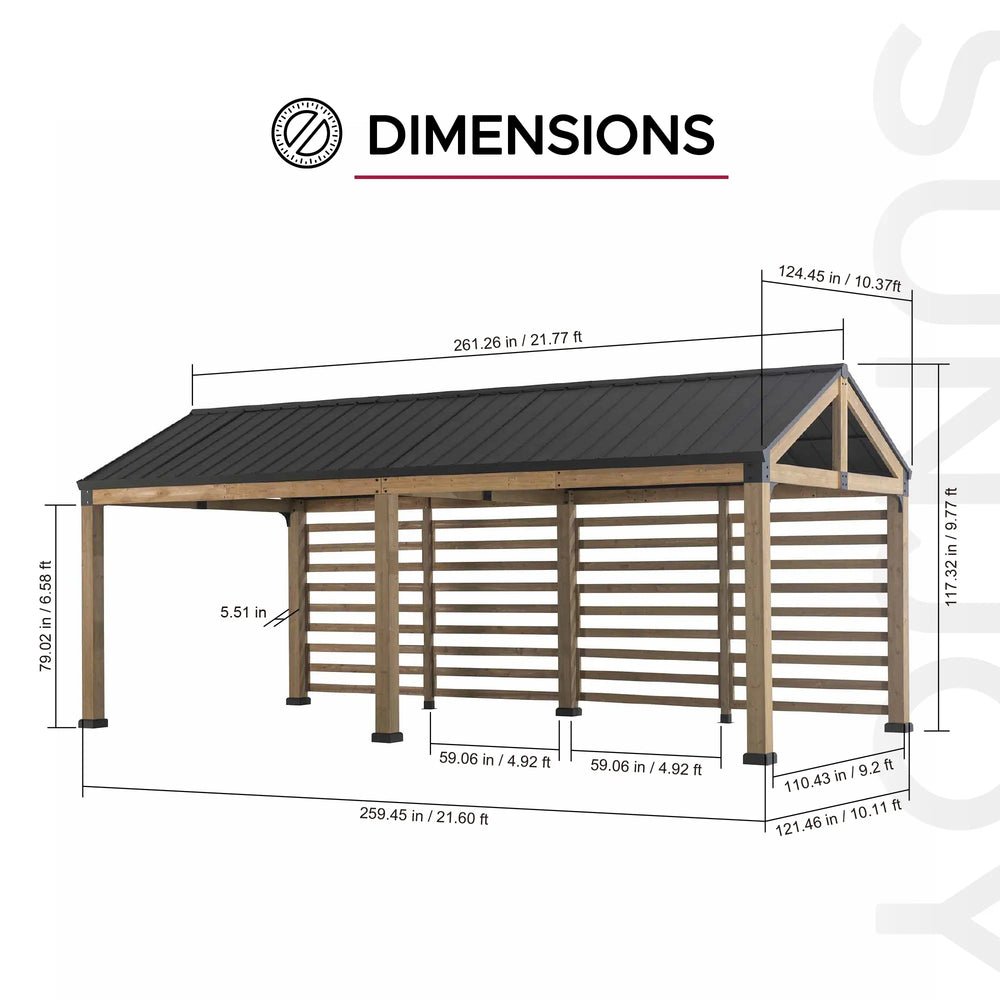 A110001110_10x20_Wood_Carport_with_Privacy_Wall_dimensions SUNJOY Newville 10x20 Wood Carport with Privacy Wall and Rain Gutter