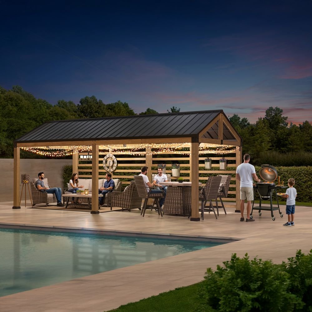 A110001110_10x20_Wood_Carport_with_Privacy_Wall_night SUNJOY Newville 10x20 Wood Carport with Privacy Wall and Rain Gutter