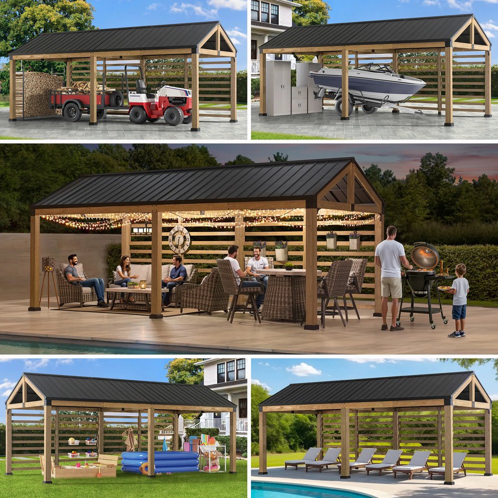 A110001110_10x20_Wood_Carport_with_Privacy_Wall_use SUNJOY Newville 10x20 Wood Carport with Privacy Wall and Rain Gutter