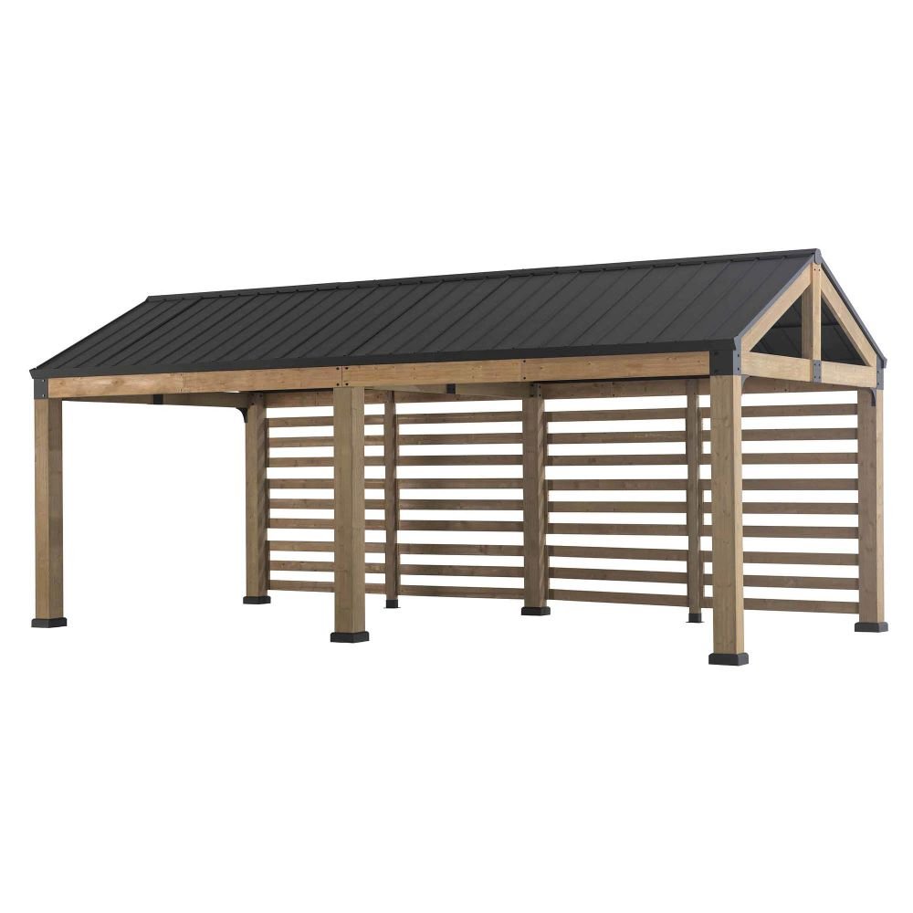 A110001110_feature_6 SUNJOY Newville 10x20 Wood Carport with Privacy Wall and Rain Gutter
