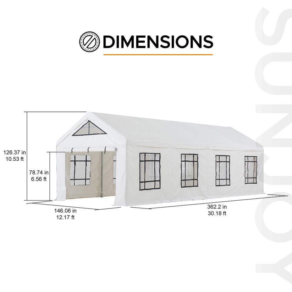 A110001700_12x30_Sundale_Party_Tent_dimensions SUNJOY 12x30 Sundale Party Tent with 8 Removable PE Windows and 2 Roll-up Side Walls