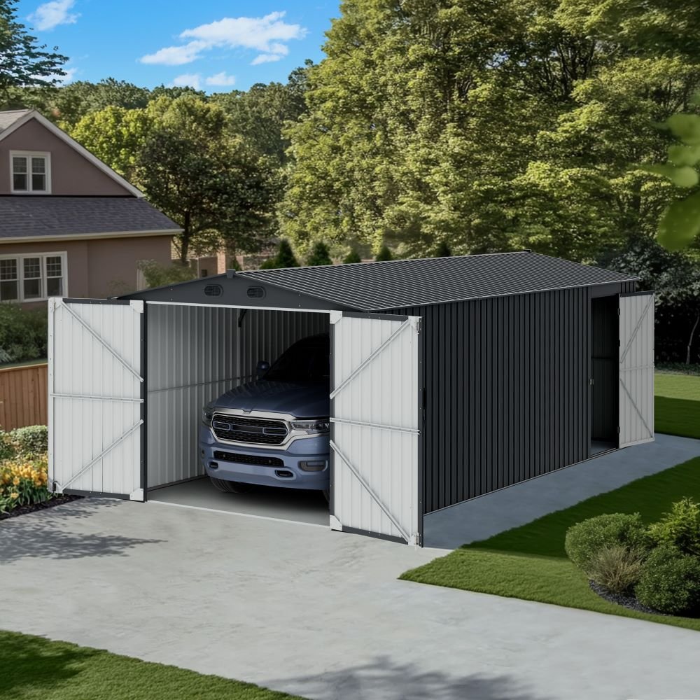 A110006600_10x20_Outdoor_Storage_Sheds_Day SUNJOY 10x20 Storage Shed Kits with Lockable Doors and Vents - Dark Gray