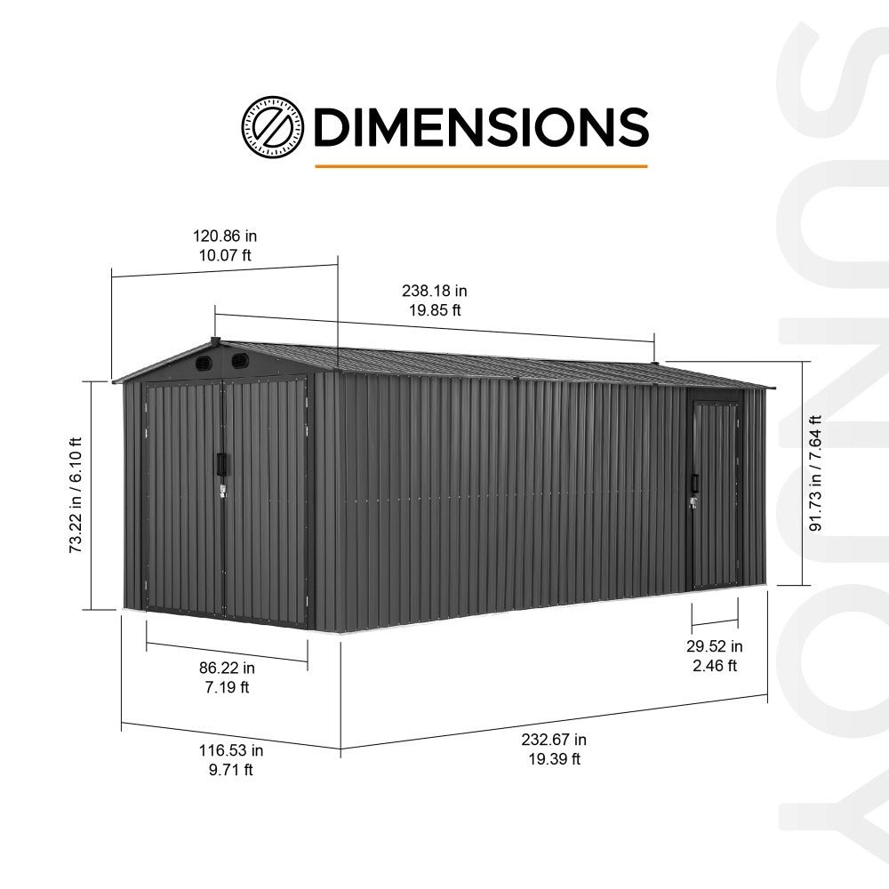 A110006600_10x20_Outdoor_Storage_Sheds_Dimensions SUNJOY 10x20 Storage Shed Kits with Lockable Doors and Vents - Dark Gray