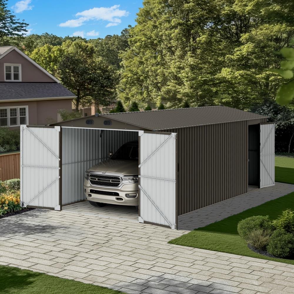 A110006602_10x20_Storage_Shed_Kits_Day SUNJOY 10x20 Storage Shed Kits with Lockable Doors and Vents - Tan