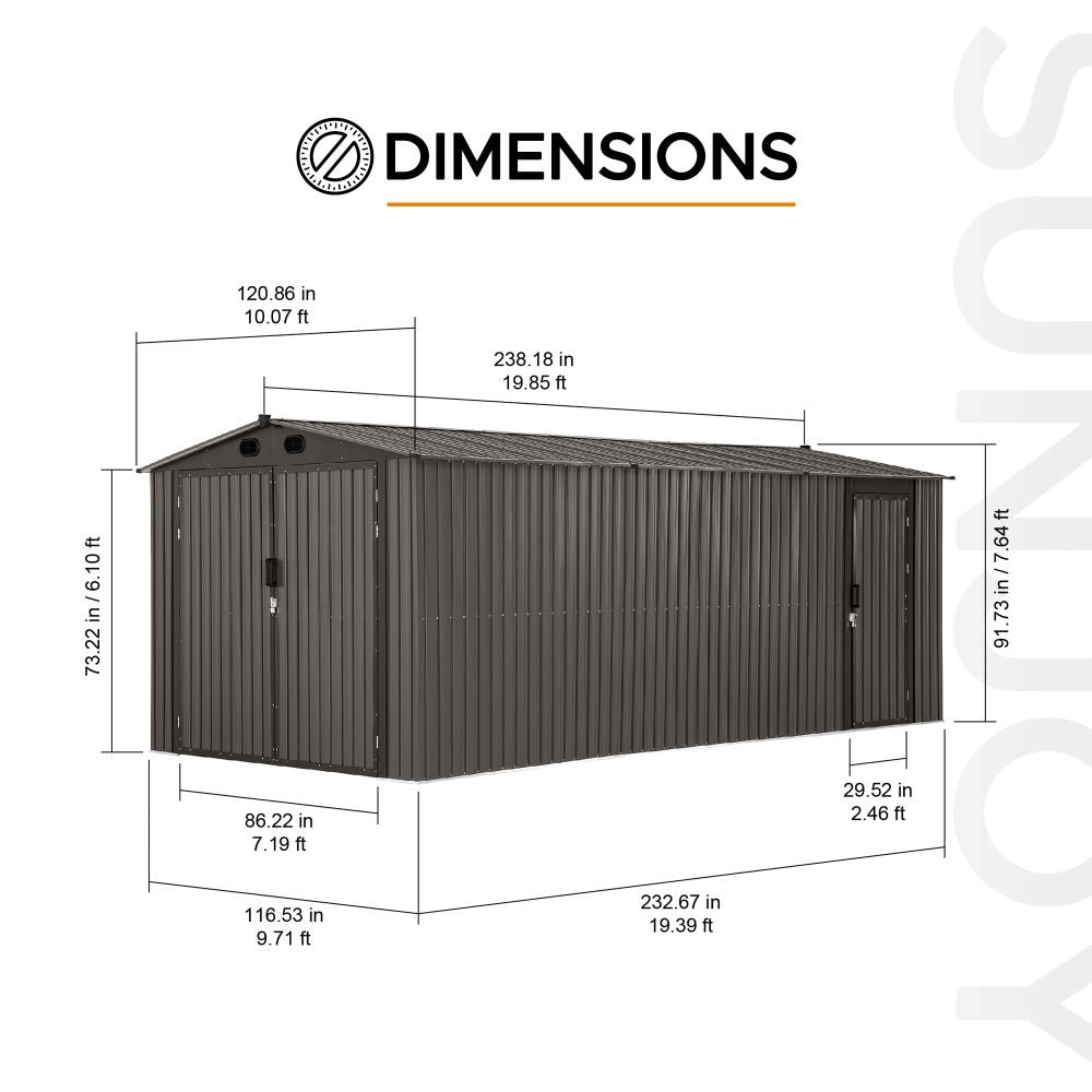 A110006602_10x20_Storage_Shed_Kits_dimensions SUNJOY 10x20 Storage Shed Kits with Lockable Doors and Vents - Tan