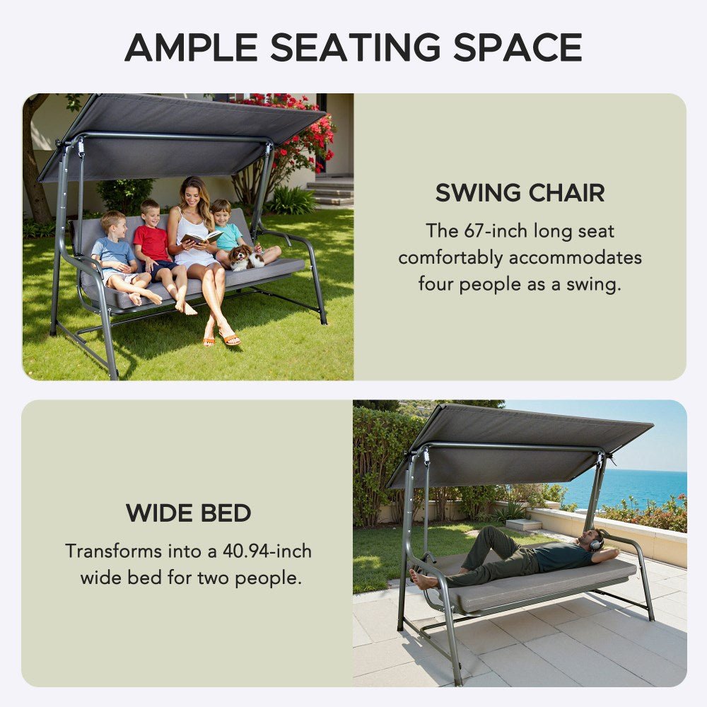 A215012900_Porch_Swing_and_Bed_Ample_Space SUNJOY 4-Seat Italian-Made Patio Swing Chair / Bed with Adjustable Canopy and Cushions – Gray