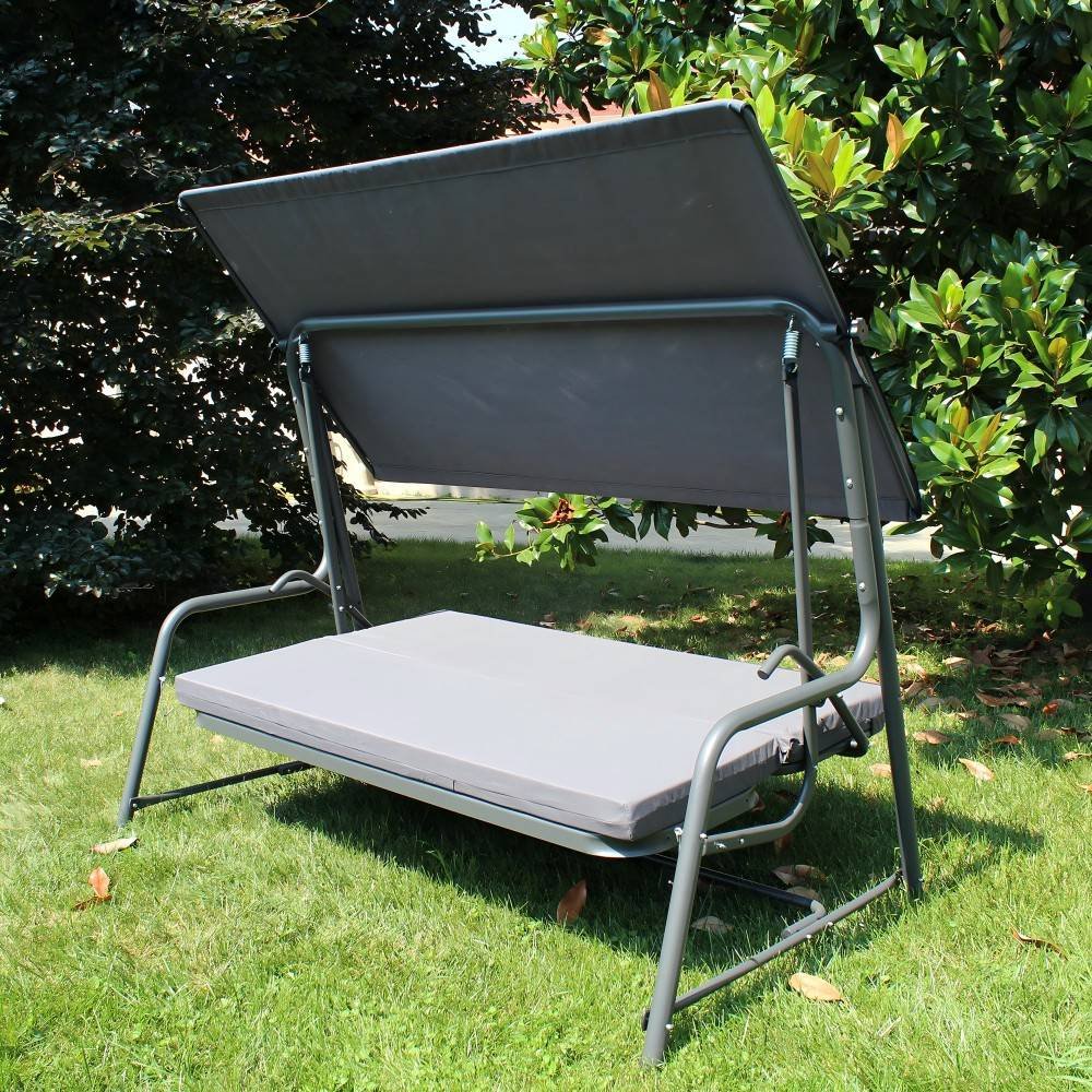 A215012900_Porch_Swing_and_Bed_Day_Open SUNJOY 4-Seat Italian-Made Patio Swing Chair / Bed with Adjustable Canopy and Cushions – Gray