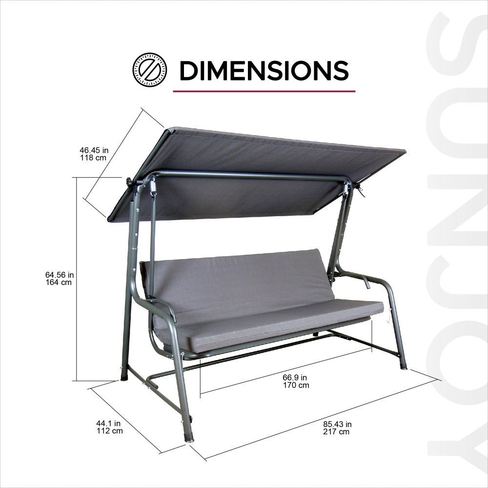 A215012900_Porch_Swing_and_Bed_Dimensions SUNJOY 4-Seat Italian-Made Patio Swing Chair / Bed with Adjustable Canopy and Cushions – Gray