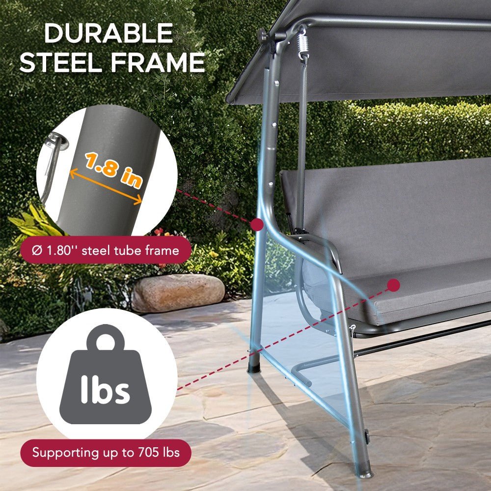 A215012900_Porch_Swing_and_Bed_Frame SUNJOY 4-Seat Italian-Made Patio Swing Chair / Bed with Adjustable Canopy and Cushions – Gray