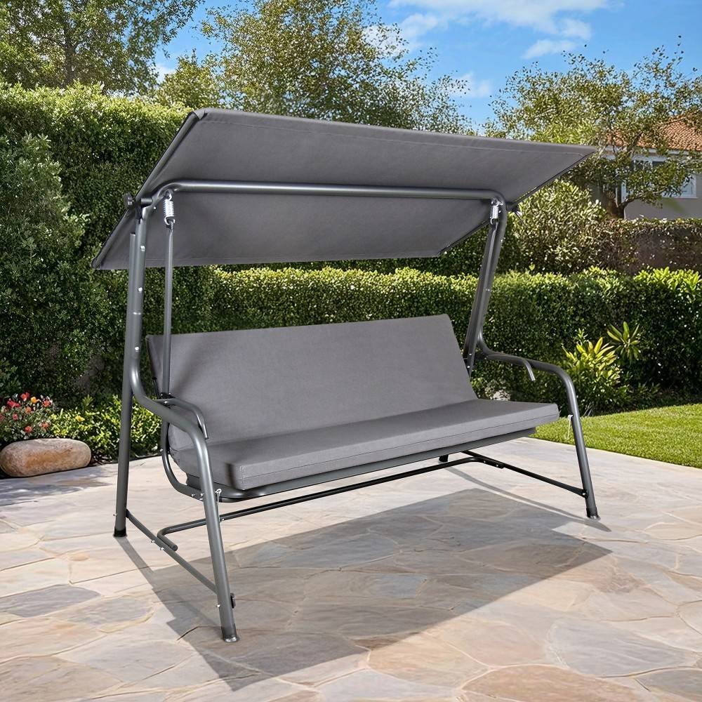 A215012900_Porch_Swing_and_Bed_Lifestyle SUNJOY 4-Seat Italian-Made Patio Swing Chair / Bed with Adjustable Canopy and Cushions – Gray