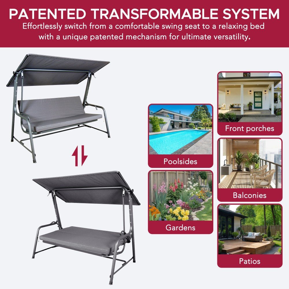 A215012900_Porch_Swing_and_Bed_Transformable-1 SUNJOY 4-Seat Italian-Made Patio Swing Chair / Bed with Adjustable Canopy and Cushions – Gray