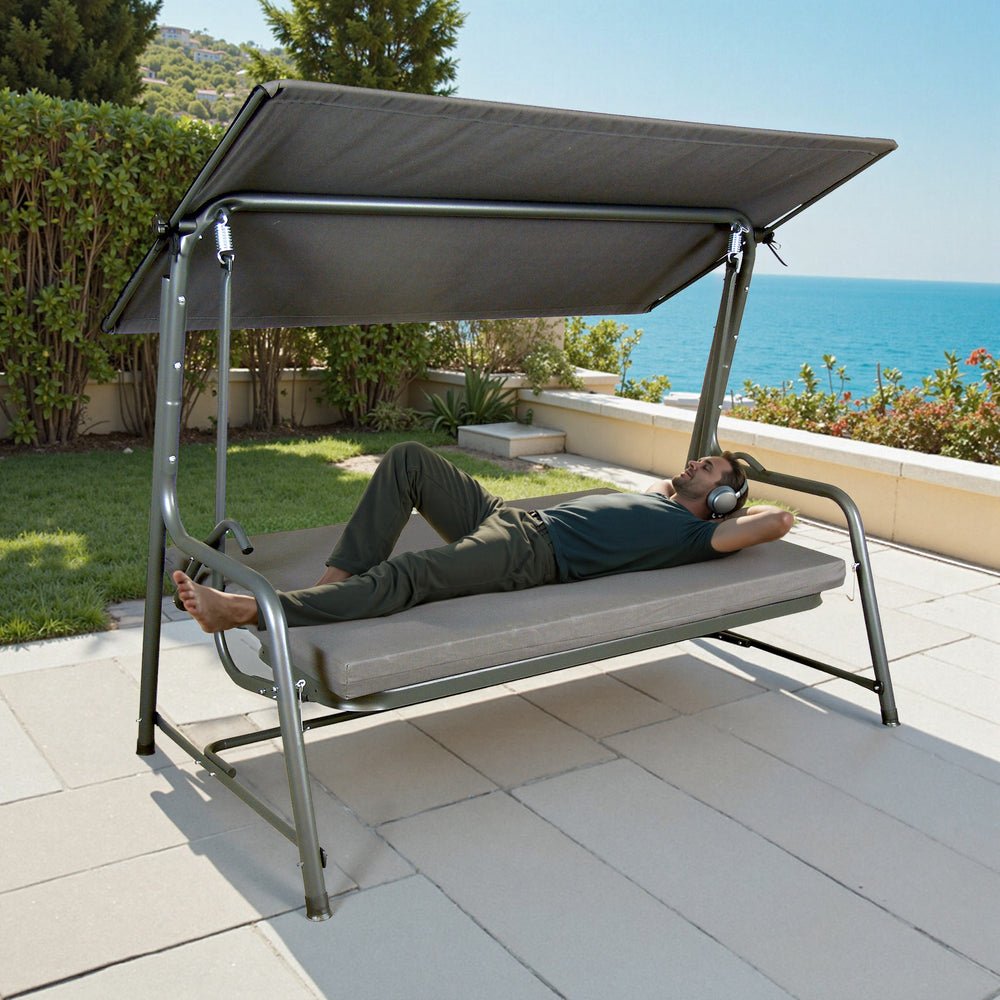 A215012900_Porch_Swing_and_Bed_as_bed SUNJOY 4-Seat Italian-Made Patio Swing Chair / Bed with Adjustable Canopy and Cushions – Gray