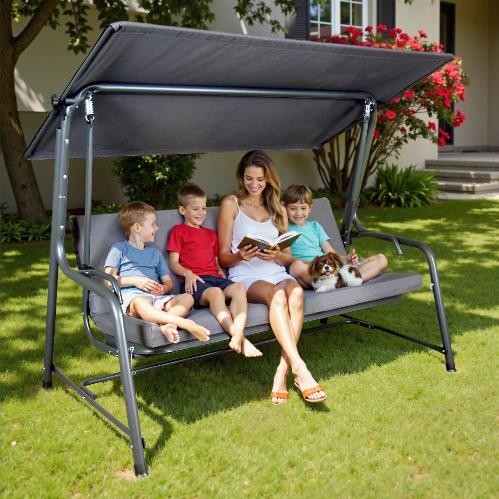 A215012900_Porch_Swing_and_Bed_as_seat SUNJOY 4-Seat Italian-Made Patio Swing Chair / Bed with Adjustable Canopy and Cushions – Gray