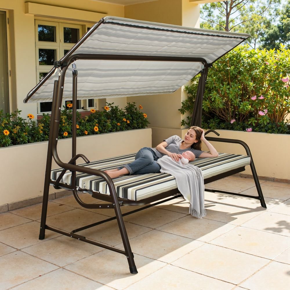 A215012901_Porch_Swing_and_Bed_as_bed SUNJOY 4-Seat Italian-Made Patio Swing Chair / Bed with Adjustable Canopy and Cushions – Stripe