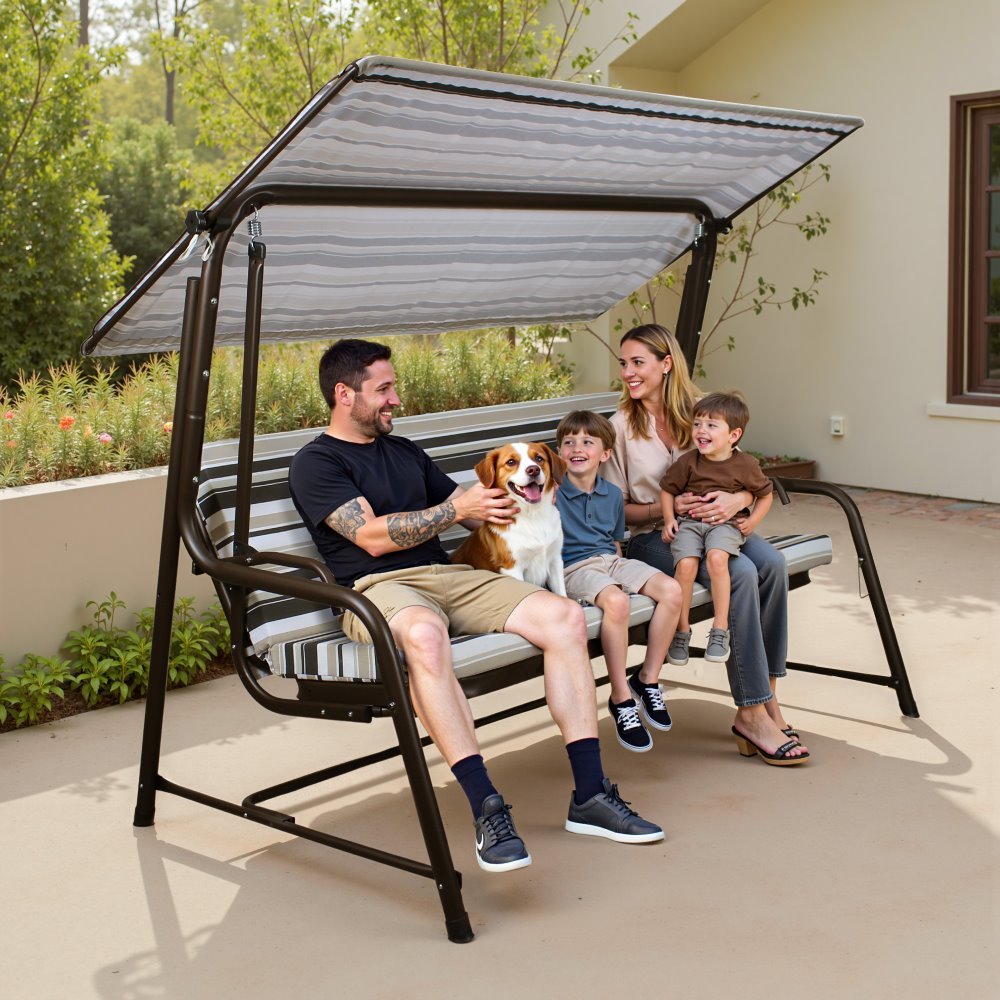 A215012901_Porch_Swing_and_Bed_as_seat SUNJOY 4-Seat Italian-Made Patio Swing Chair / Bed with Adjustable Canopy and Cushions – Stripe