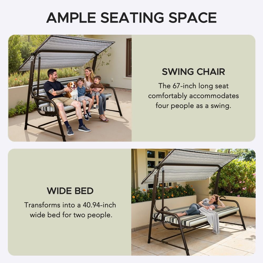 A215012901_Swing_and_Bed_Ample_Space SUNJOY 4-Seat Italian-Made Patio Swing Chair / Bed with Adjustable Canopy and Cushions – Stripe