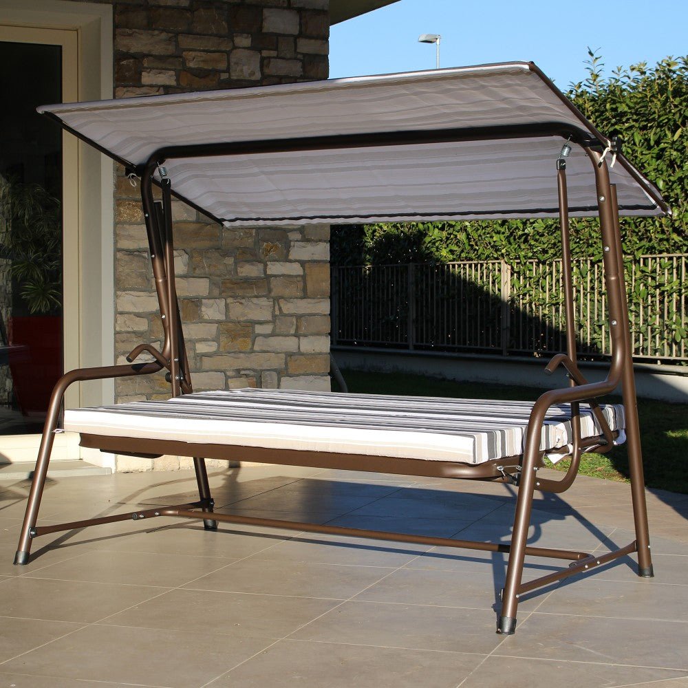A215012901_Swing_and_Bed_Day SUNJOY 4-Seat Italian-Made Patio Swing Chair / Bed with Adjustable Canopy and Cushions – Stripe