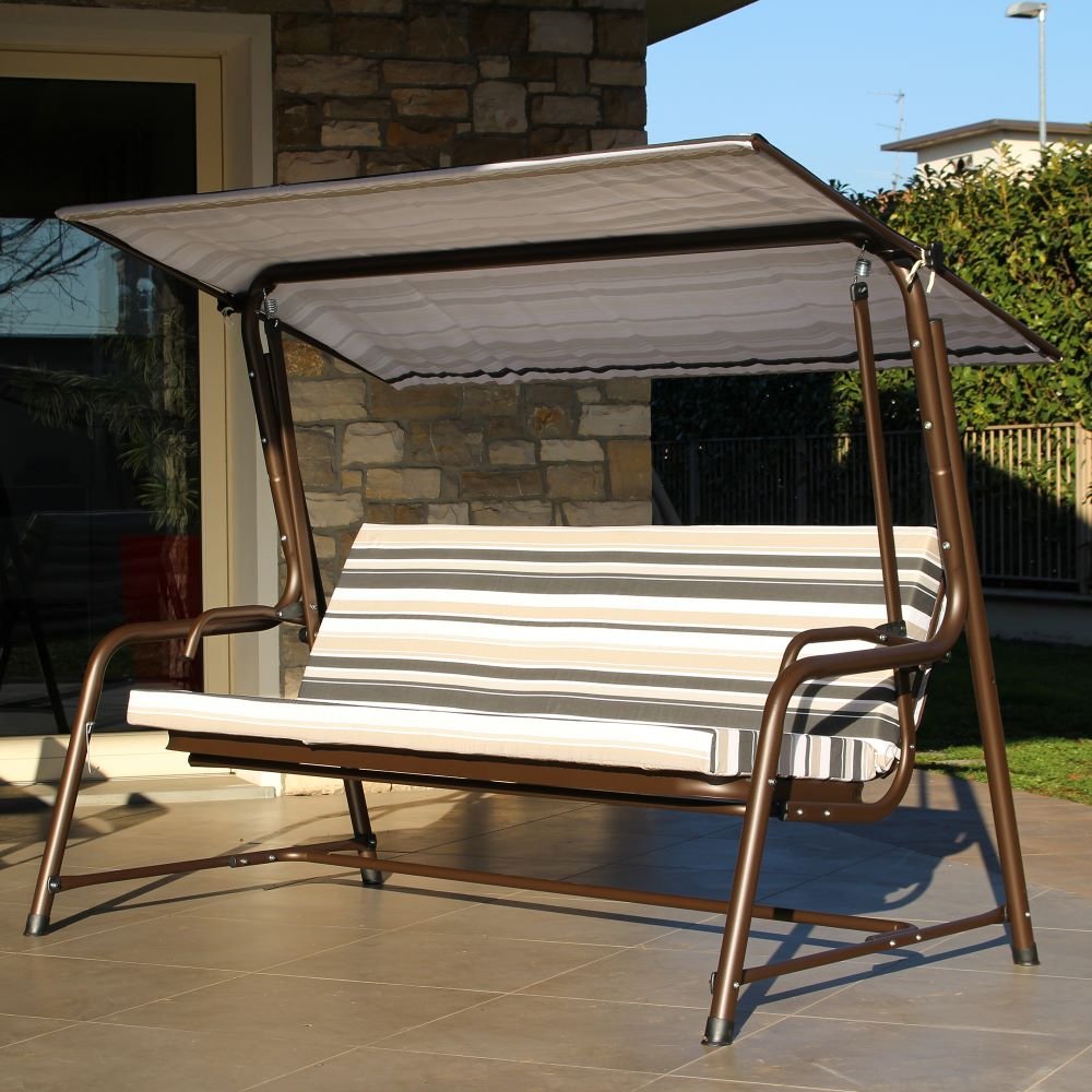 A215012901_Swing_and_Bed_Day1 SUNJOY 4-Seat Italian-Made Patio Swing Chair / Bed with Adjustable Canopy and Cushions – Stripe