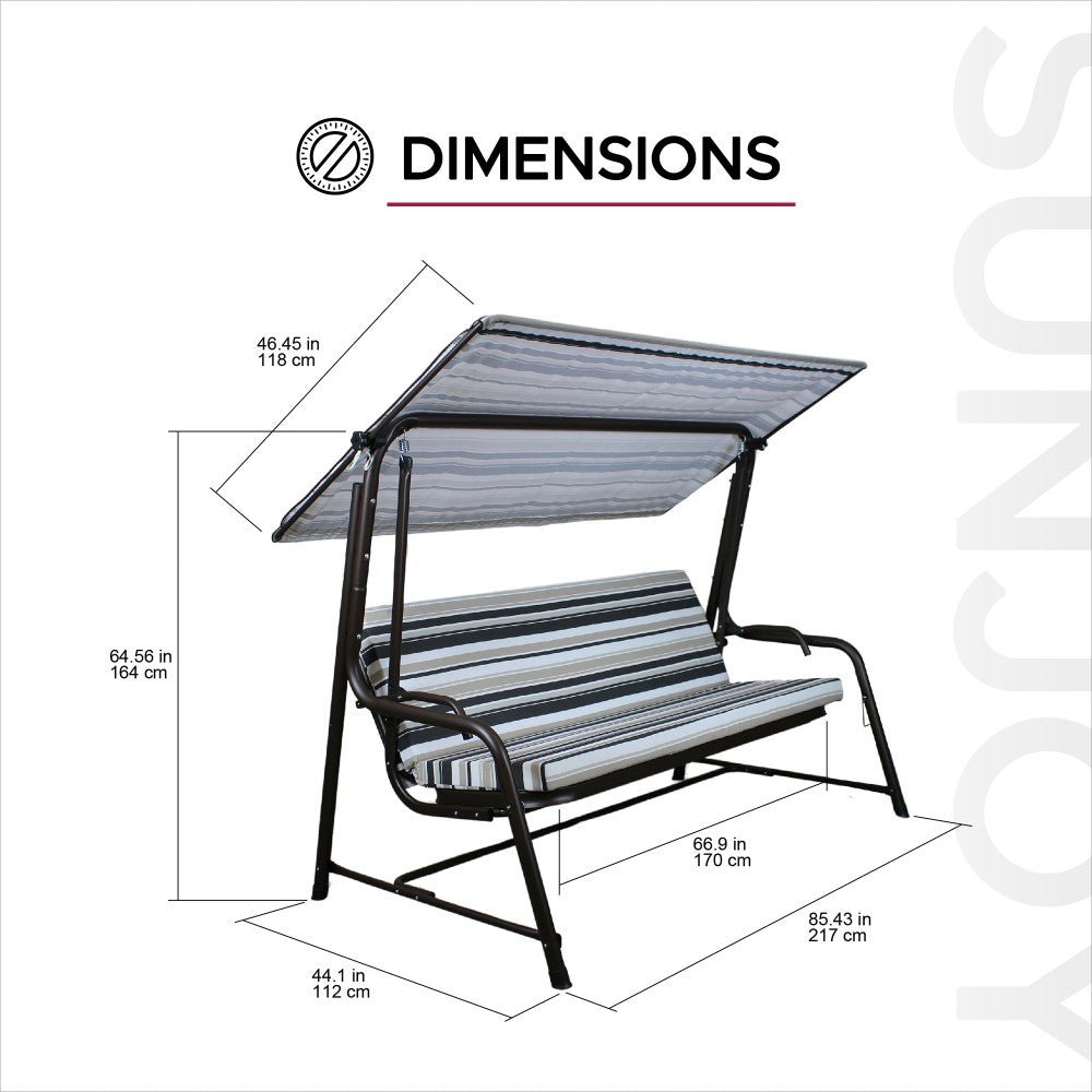 A215012901_Swing_and_Bed_Dimensions SUNJOY 4-Seat Italian-Made Patio Swing Chair / Bed with Adjustable Canopy and Cushions – Stripe