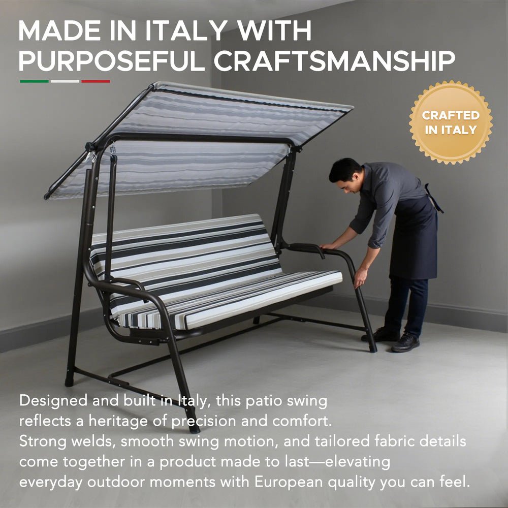 A215012901_Swing_and_Bed_Italy SUNJOY 4-Seat Italian-Made Patio Swing Chair / Bed with Adjustable Canopy and Cushions – Stripe