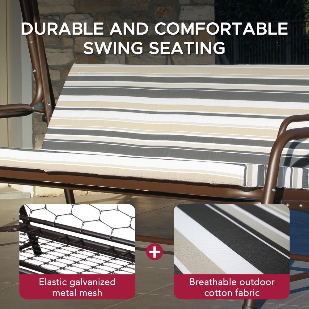 A215012901_Swing_and_Bed_Materials SUNJOY 4-Seat Italian-Made Patio Swing Chair / Bed with Adjustable Canopy and Cushions – Stripe