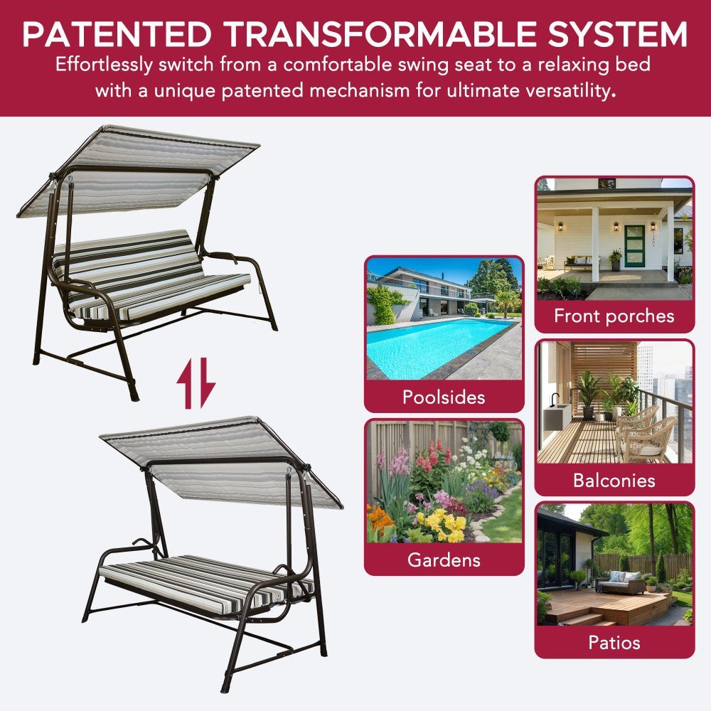 A215012901_Swing_and_Bed_Transformable SUNJOY 4-Seat Italian-Made Patio Swing Chair / Bed with Adjustable Canopy and Cushions – Stripe