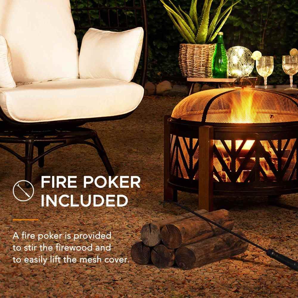 A301016500_31Inch_Wood_Burning_Steel_Fire_Pit_FirePoker SUNJOY 31 Inch Black Wood Burning Steel Fire Pit with Spark Screen
