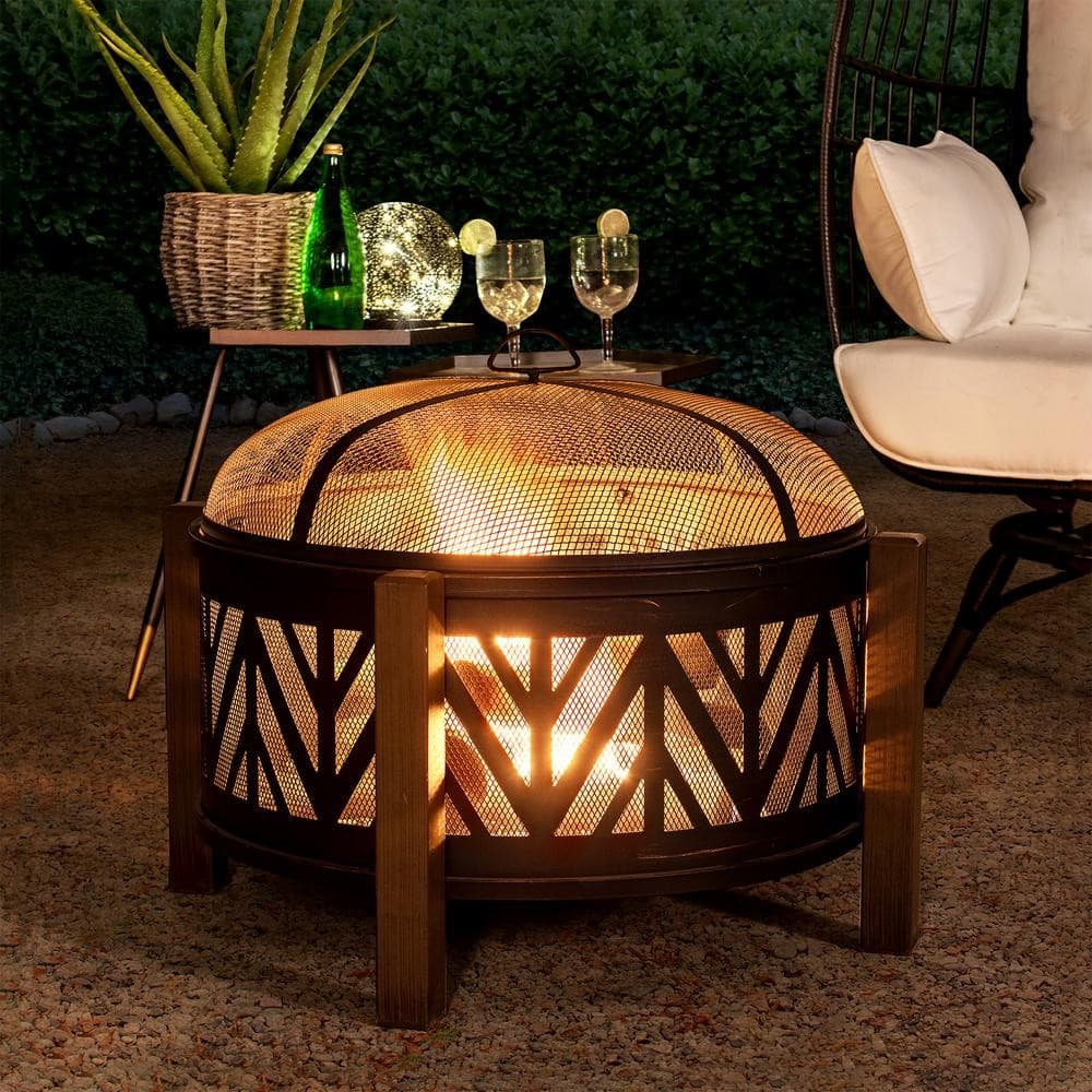 A301016500_31Inch_Wood_Burning_Steel_Fire_Pit_Night SUNJOY 31 Inch Black Wood Burning Steel Fire Pit with Spark Screen