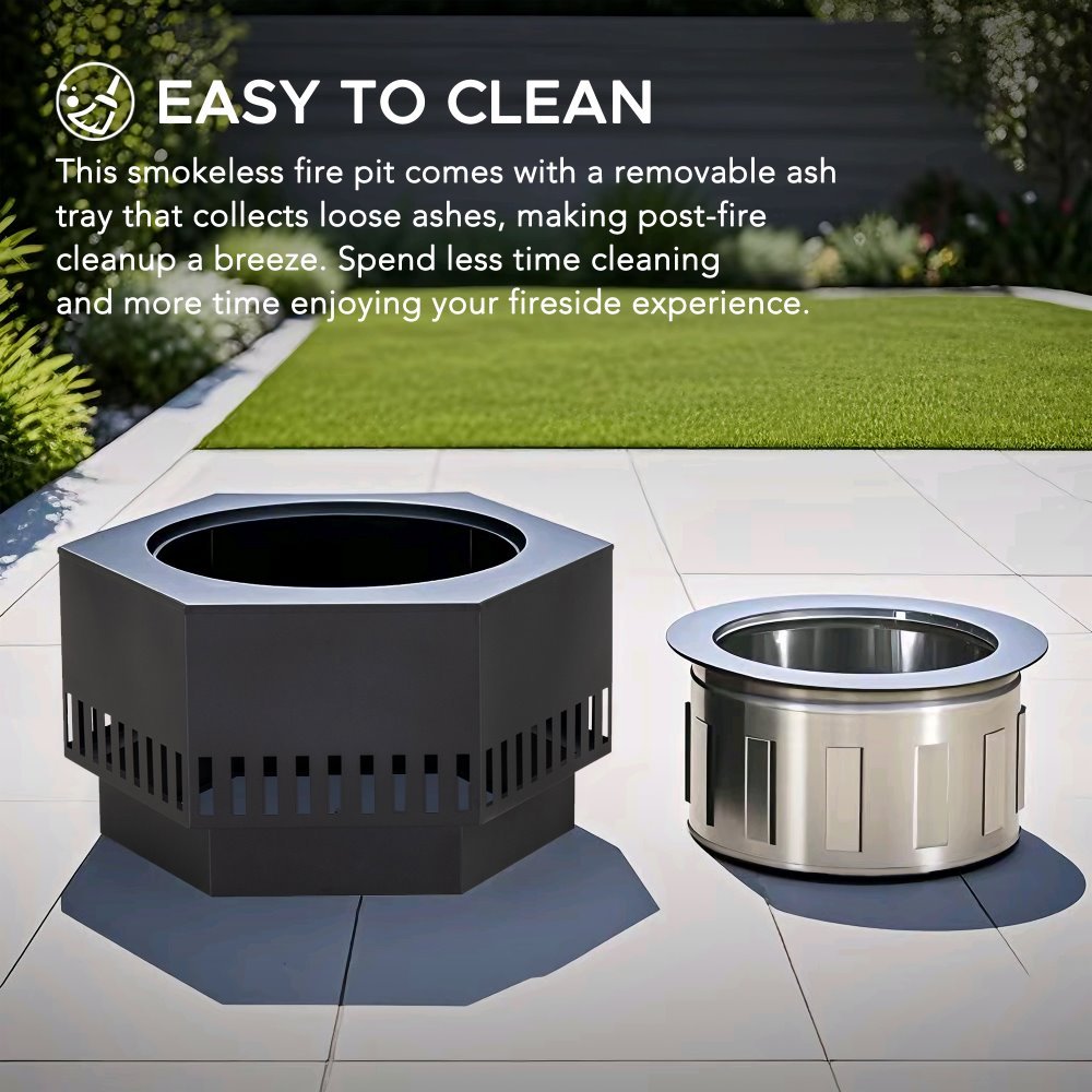 A301060500_Smokeless_Fire_Pit_Clean SUNJOY 28 Inch Hexagon Stainless Steel Smokeless Fire Pit with PVC Cover and Poker - Rectangular Pattern