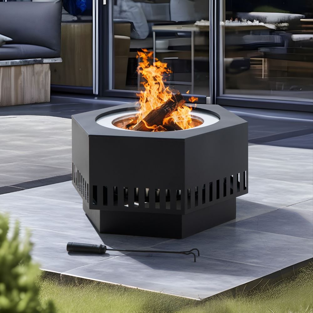 A301060500_Smokeless_Fire_Pit_Day SUNJOY 28 Inch Hexagon Stainless Steel Smokeless Fire Pit with PVC Cover and Poker - Rectangular Pattern