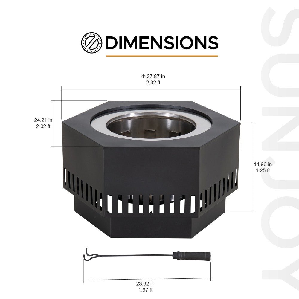 A301060500_Smokeless_Fire_Pit_Dimensions SUNJOY 28 Inch Hexagon Stainless Steel Smokeless Fire Pit with PVC Cover and Poker - Rectangular Pattern