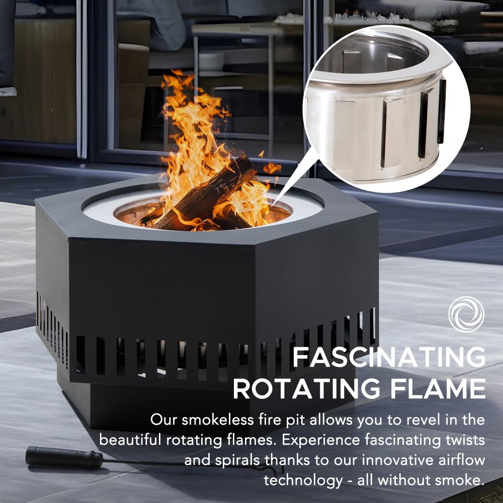 A301060500_Smokeless_Fire_Pit_Flame SUNJOY 28 Inch Hexagon Stainless Steel Smokeless Fire Pit with PVC Cover and Poker - Rectangular Pattern
